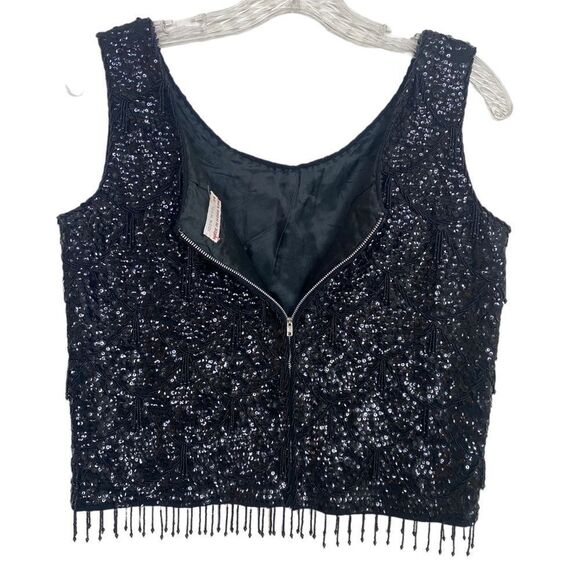 Vintage beaded black sequin blouse 50s cropped sleeveless round neck - Picture 3 of 6